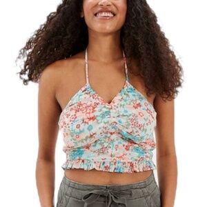 NWT American Eagle blue coral floral ruched cropped halter top M